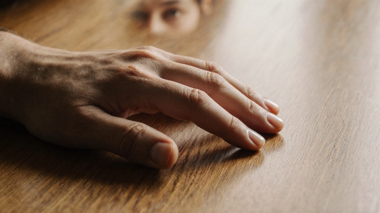 Ruka se dotýká dřevěného stolu, prsty lehce třesou, teplé osvětlení, přítomnost a klid.