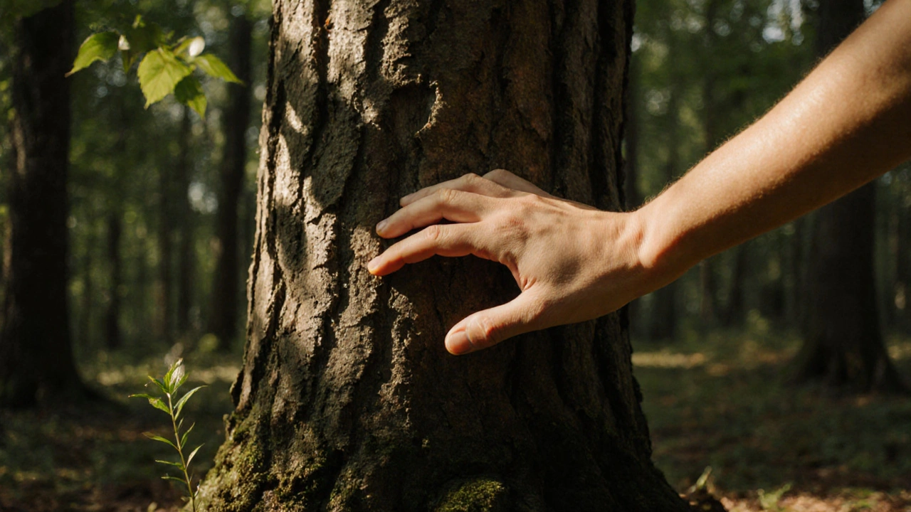 Ruka se dotýká kůry stromu v lese, slunce svítí skrz listí, přírodní klid.