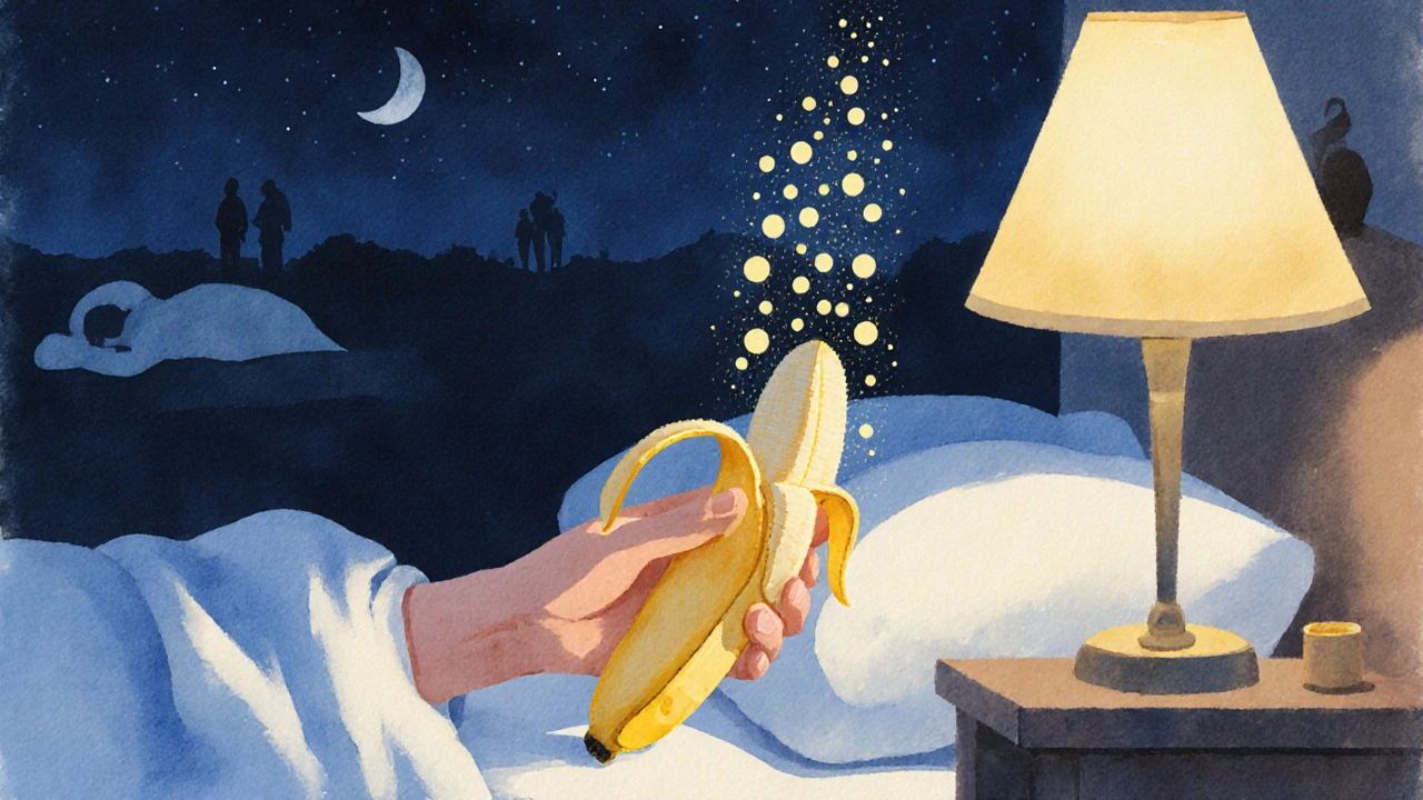 Ruka sklízí banán v temné ložnici s jemnými světelnými částicemi.