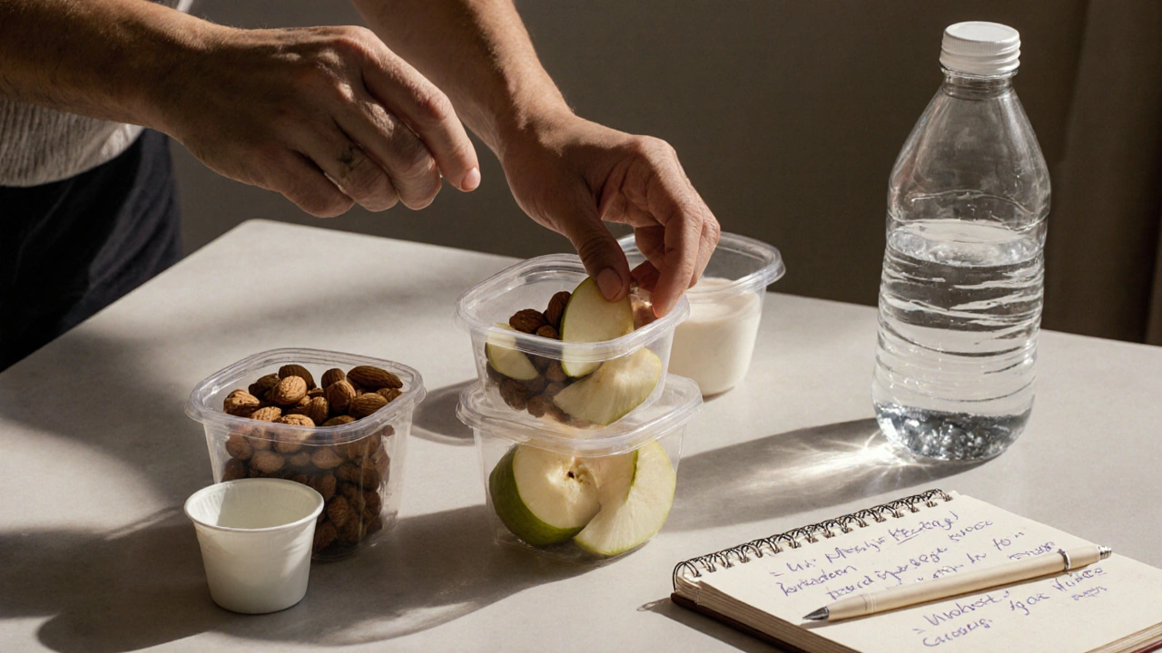 Ruka ukládá zdravé svačiny do malých kontejnerů: oříšky, vařená vajíčka, jablko a jogurt.
