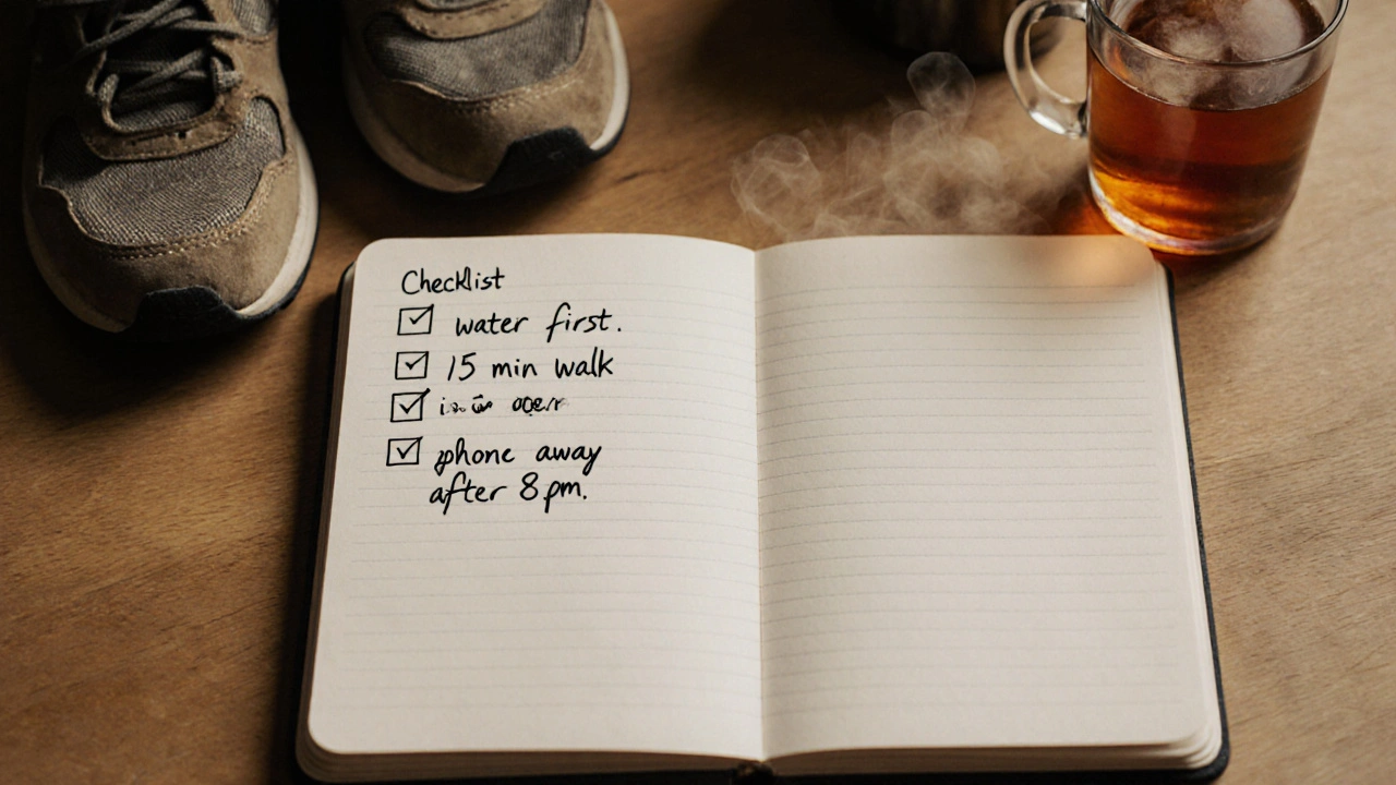 Rukou psaný seznam malých kroků k lepšímu životnímu stylu.