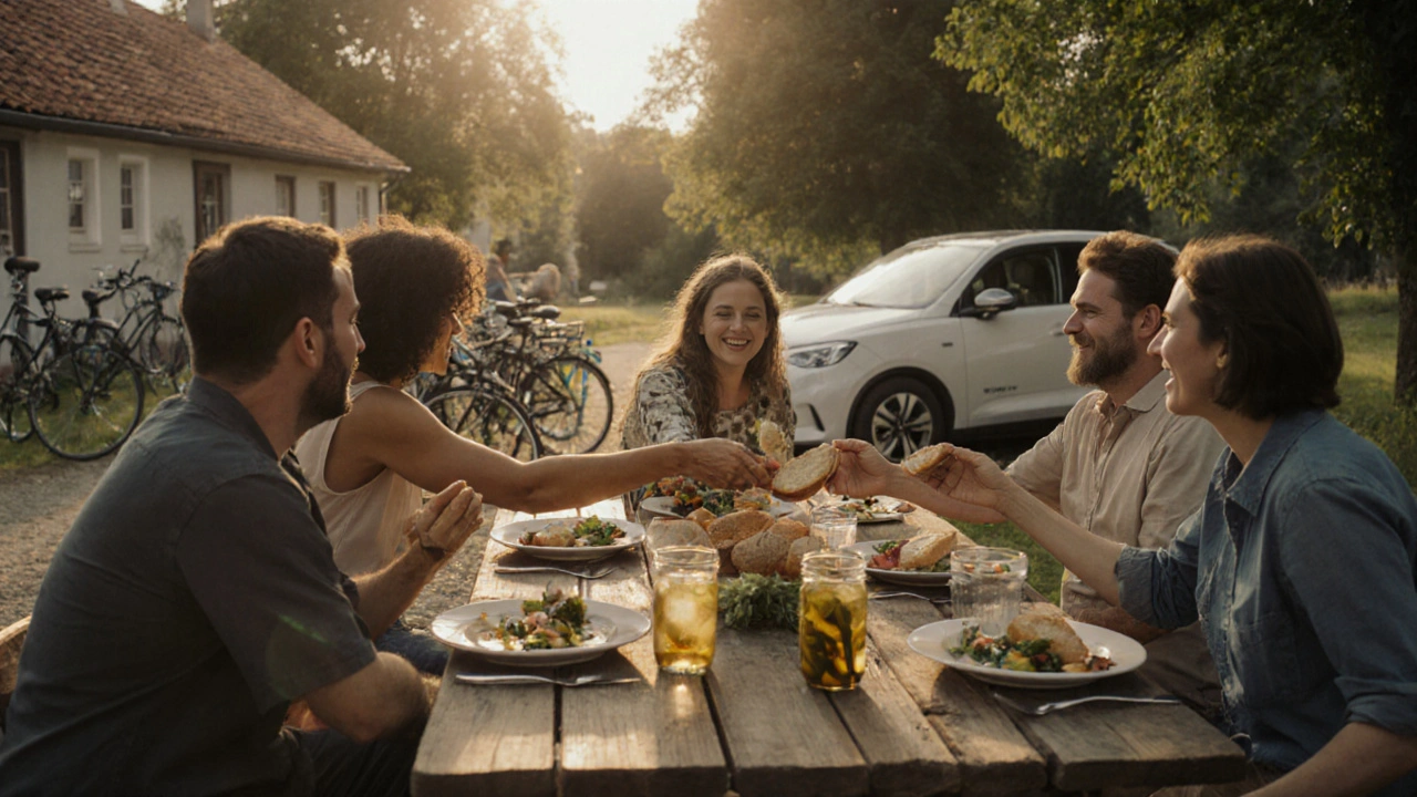 Skupina lidí sdílí jídlo u společného stolu v české vesnici.