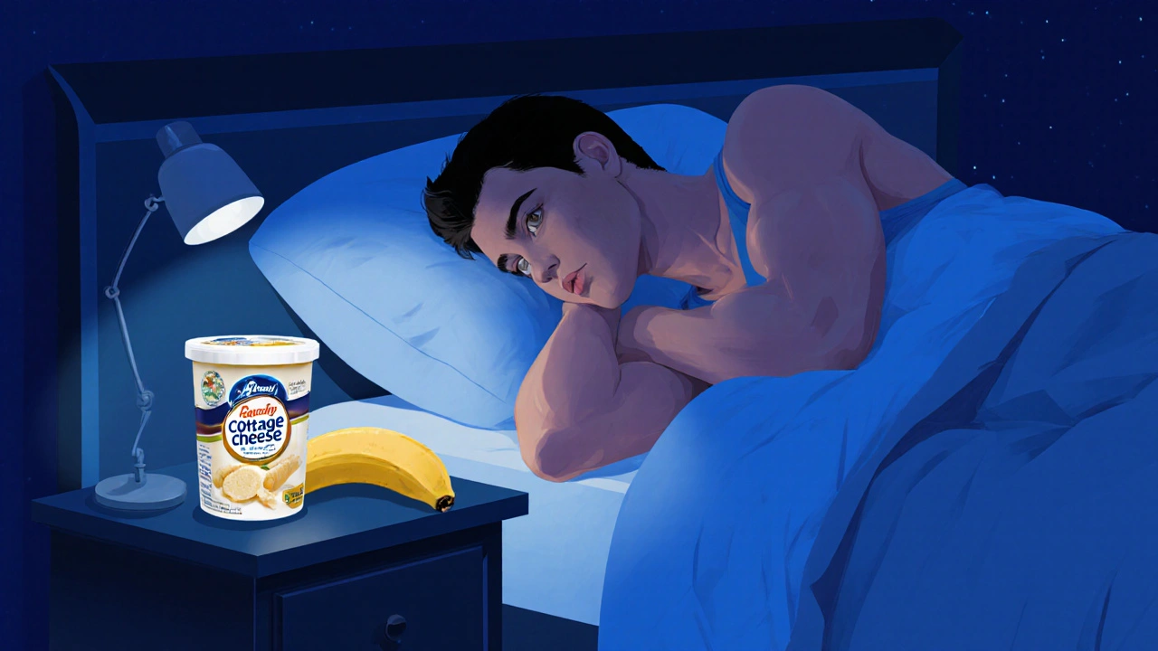 Sportovec spí v temné místnosti s tvarohem a banánem na nočním stolku