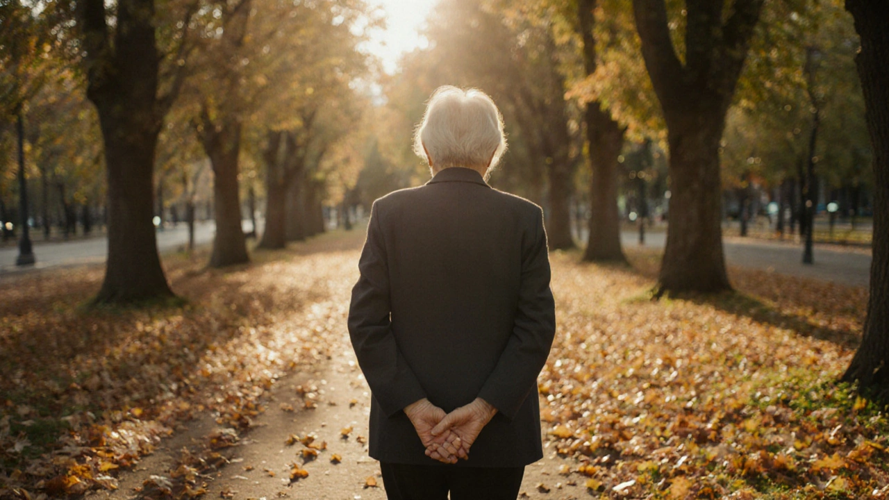 Starší osoba klidně prochází parkem v podzimu, bez telefonu, s mírným úsměvem.