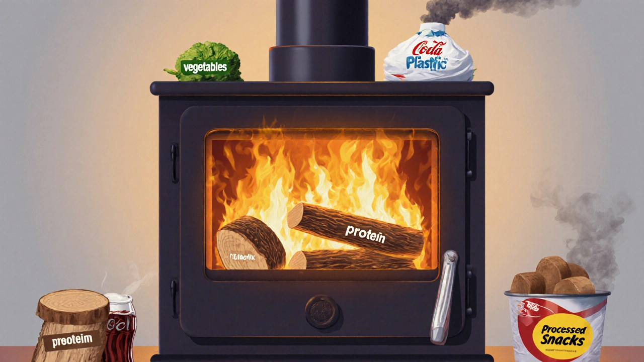 Tělo jako kotel, kde zdravé potraviny hoří čistě, zpracované potraviny kouří.
