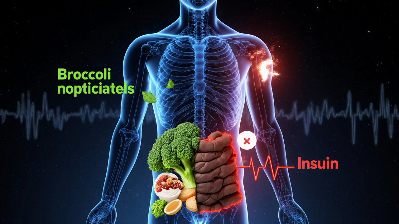 Tělo s metabolickou mapou: zdravé potraviny na jedné straně, tuk na druhé, s hormonálními šipkami.