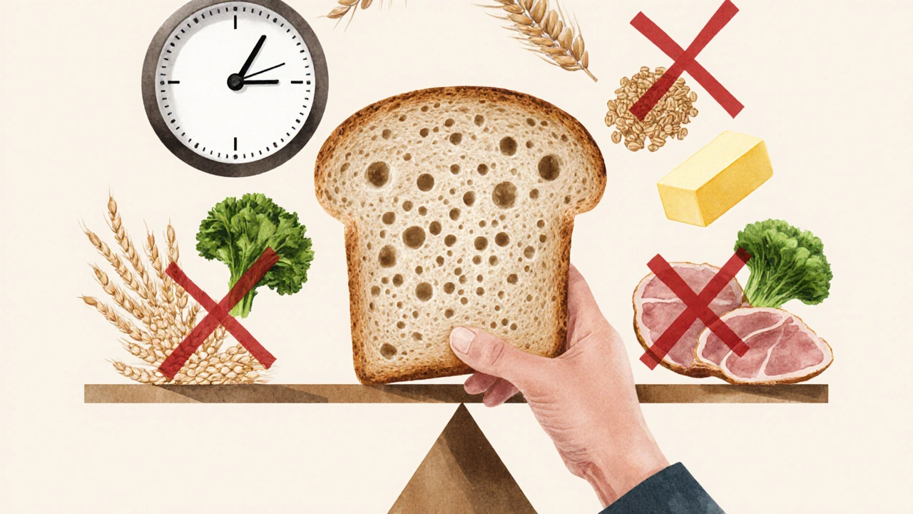 Umělecká ilustrace kvalitního chleba v rovnováze se zdravými potravinami.