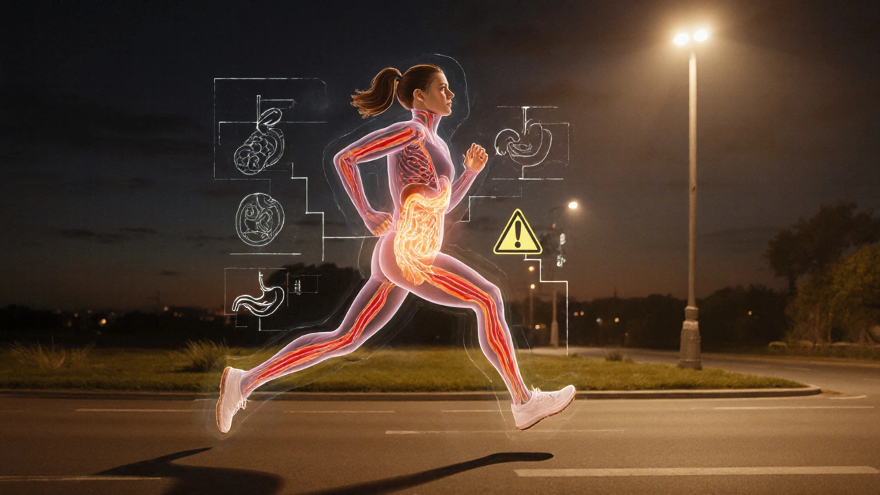 Vnitřní pohled na tělo během běhu po jídle, krev se přesměrovává, žaludek je zatížený.