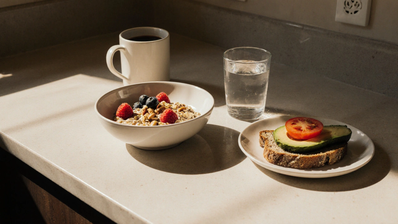 Zdravá snídaně s ovesnou kaší, ovoce a celozrnným chlebem na stole.