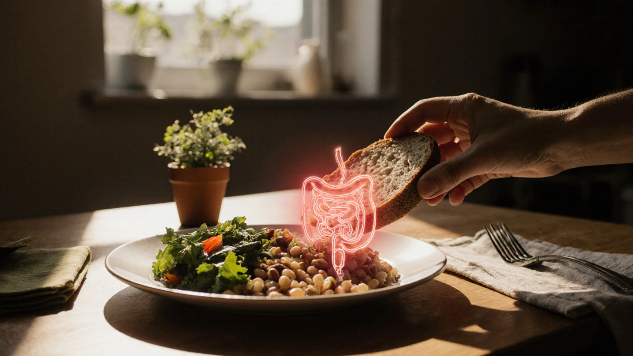 Zdravé jídlo s žitným chlebem na talíři, světlo z okna a přírodní prvky na pozadí.