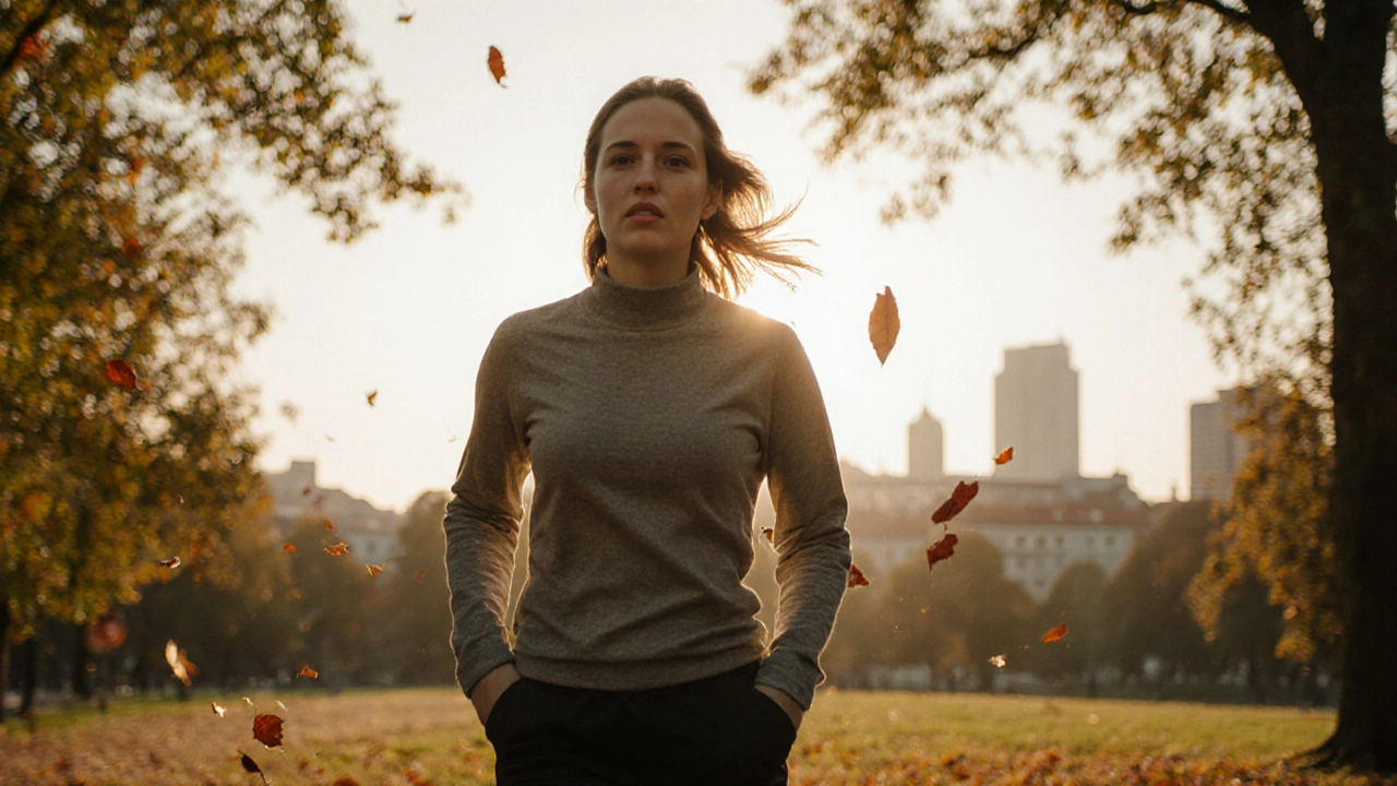 Žena klidně prochází parkem v Brně při západu slunce.