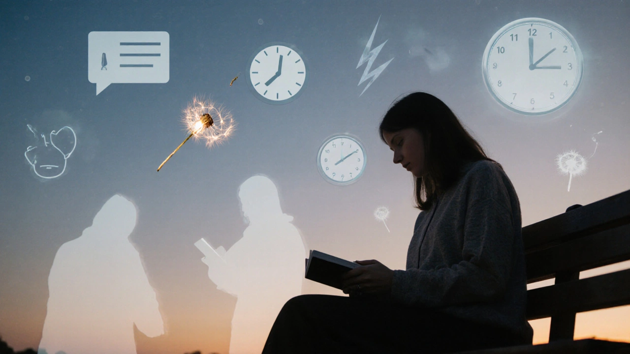 Žena na lavičce čte knihu, telefon leží obráceně, dýmka dudy se vznáší do večerního nebe.