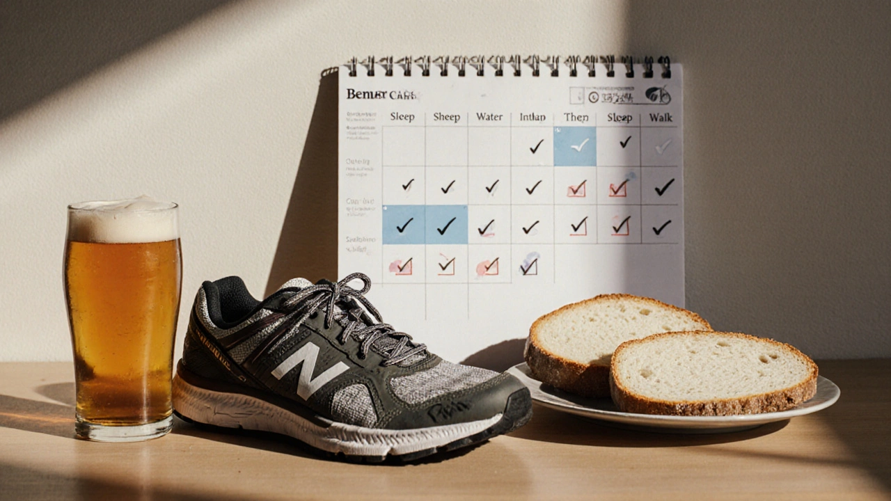 Zničené boty, pivo a chléb vedle kalendáře s označenými dny pohybu a spánku.