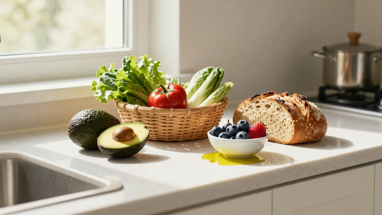 Čerstvé celé potraviny na kuchyňském stole: avokádo, zelenina, ovoce, celozrnný chléb, olivový olej, přirozené osvětlení.