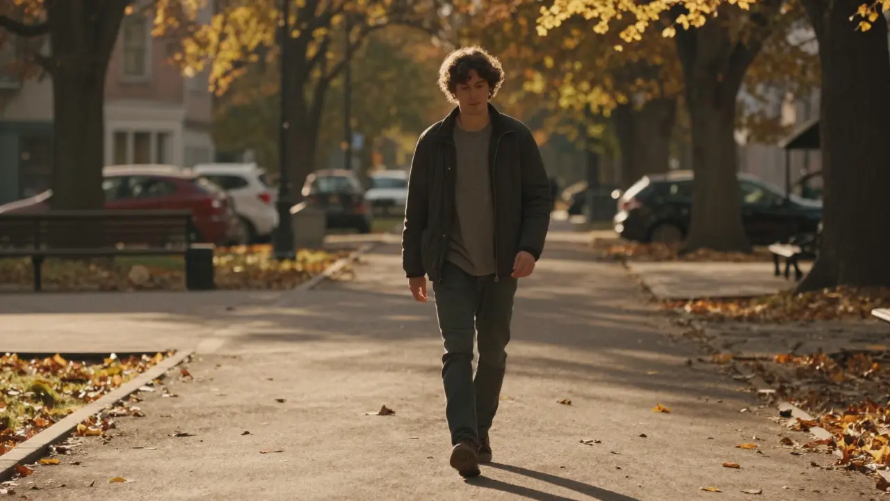 Člověk prochází klidným parkem bez telefonu při zlaté hodině.