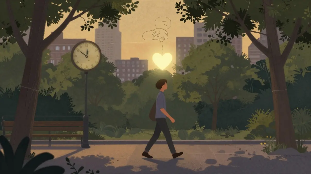 Člověk prochází parkem večer, symbolizující pohyb a přirozený rytmus dne.