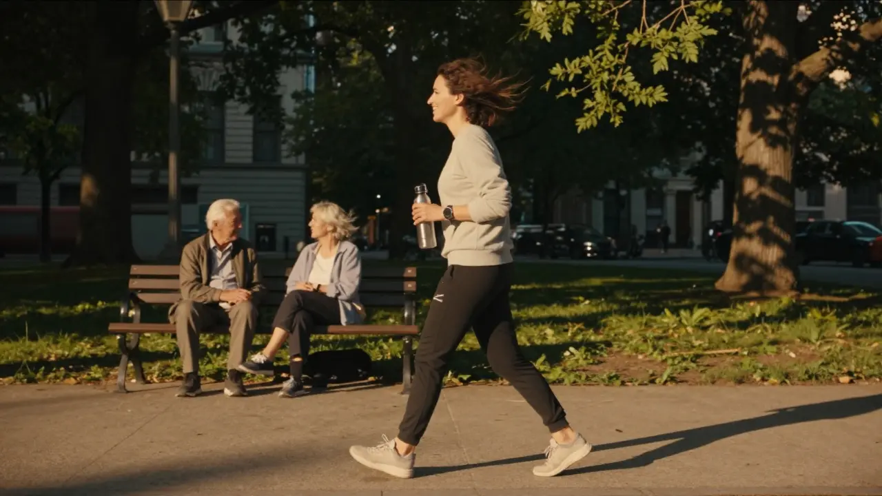 Člověk se prochází v parku při západu slunce, drží láhev vody, kolem něj stromy a pár lidí na lavičce.