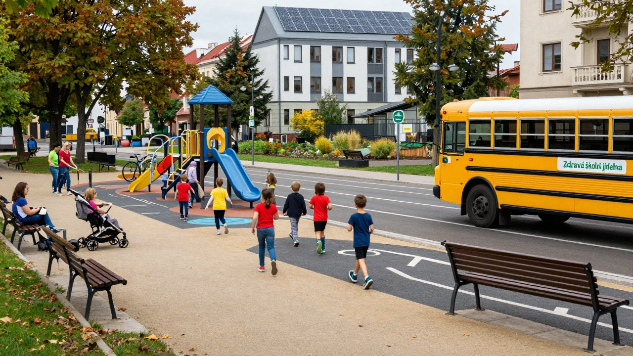 Děti hrají na bezpečném hřišti s cyklostezkami a zeleně, město podporuje pohyb.