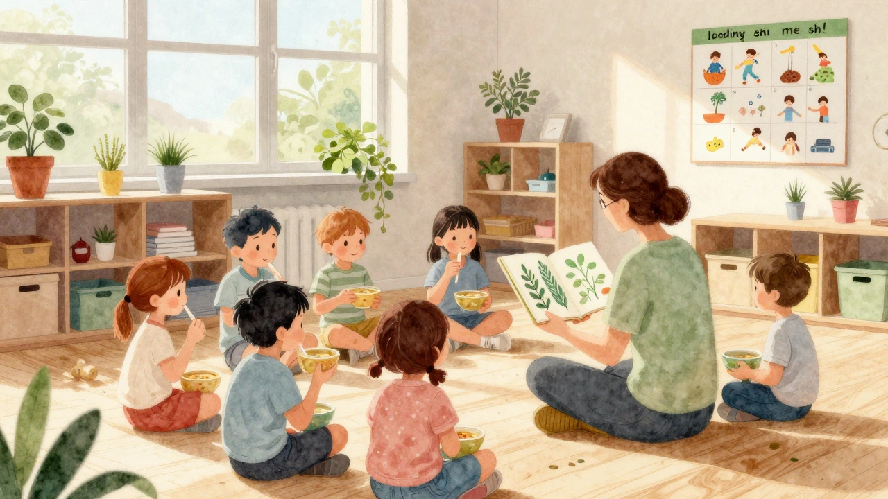 Děti ve školce jedí zdravou polévku, učí se o přírodě v klidném, přirozeném prostředí.