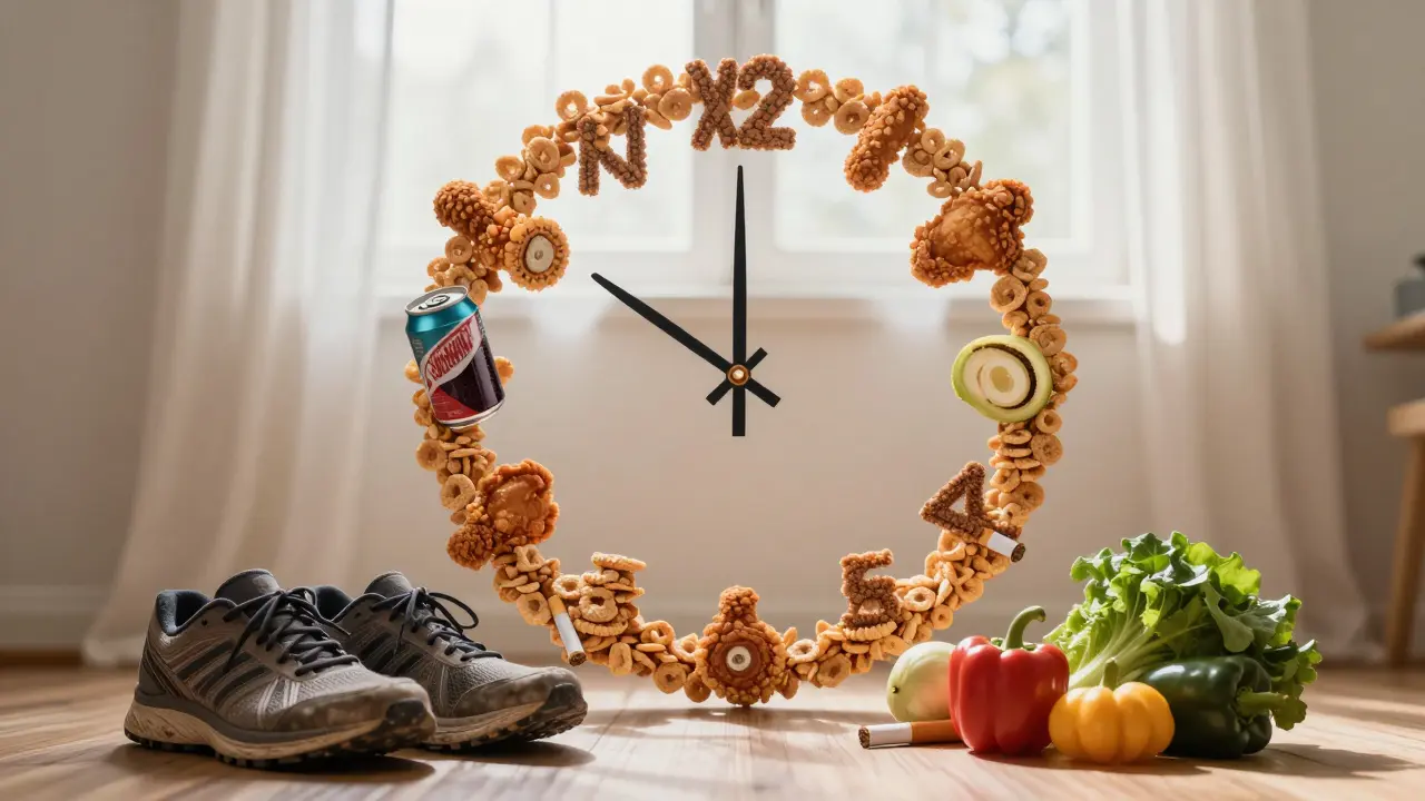 Hodiny složené z nezdravých potravin, vedle nich zdravé potraviny a běžecké boty.