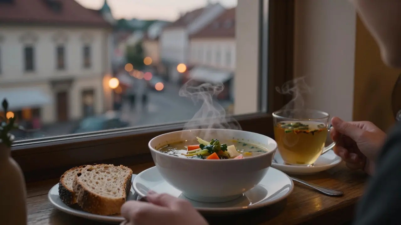 Lehká večerní svačina s polévkou a bylinným čajem ve třídním světle.