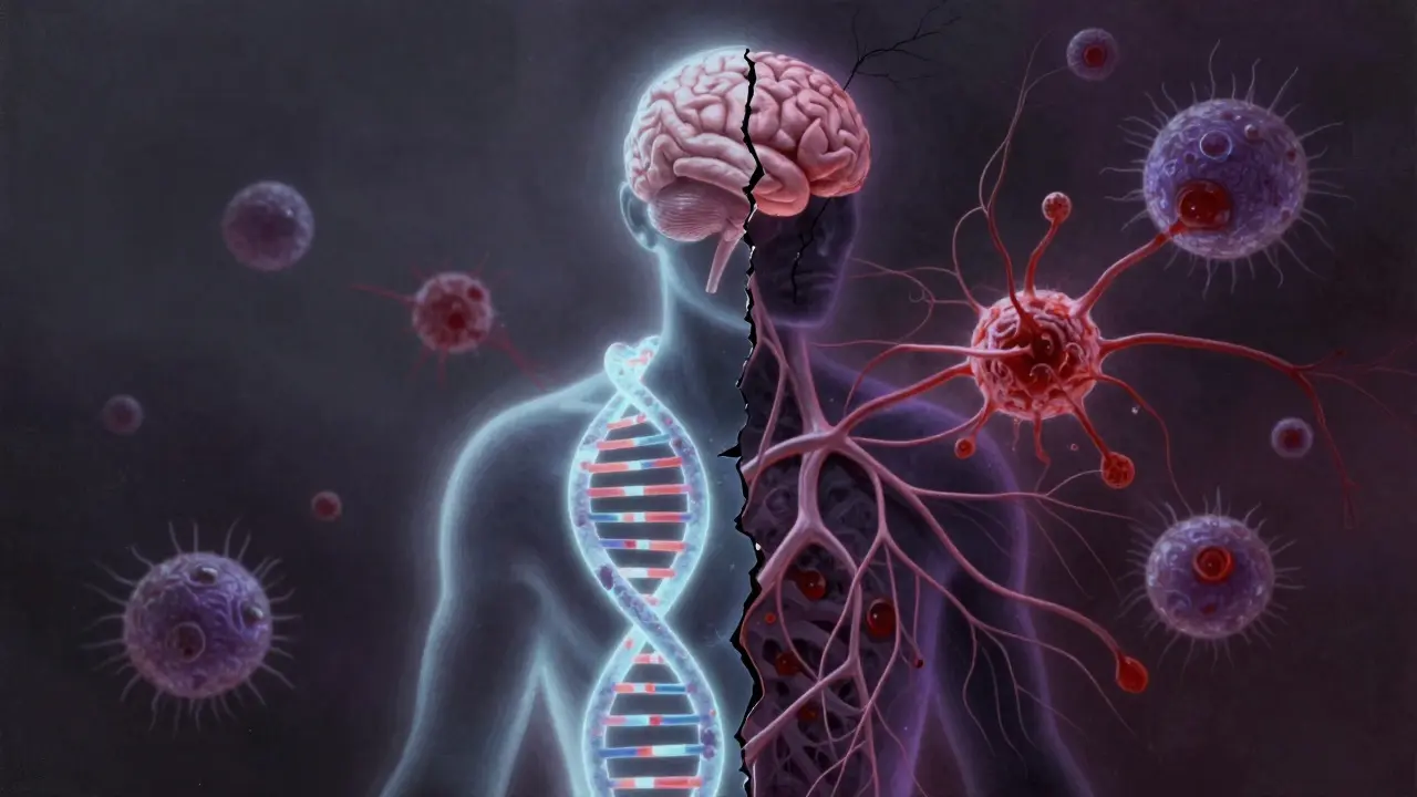 Lidská silueta s DNA na jedné straně a bouřlivým mozgem na druhé, znázorňující autoimunitní reakci.