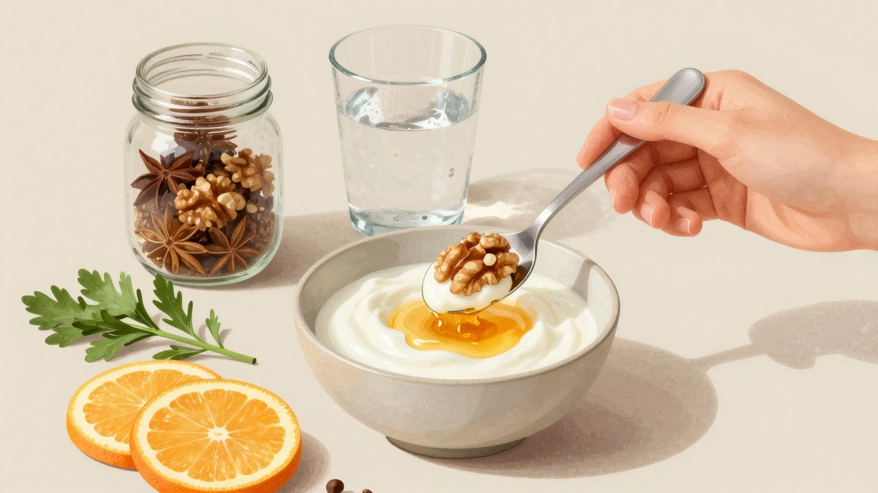 Lžíce jogurtu s medem a oříšky v misce s přírodními surovinami kolem.