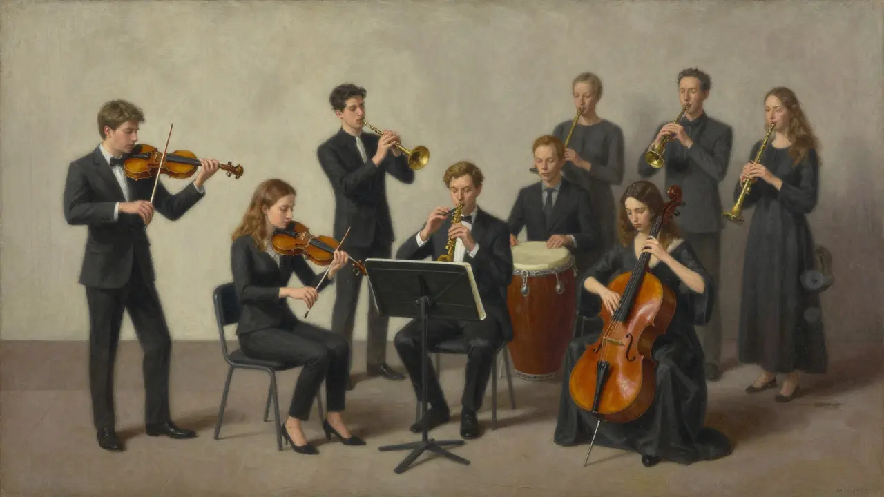 Orchestru chybí jeden nástroj, zatímco ostatní hrají, znázorňující důležitost rovnováhy životního stylu.