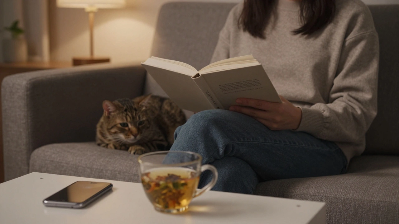 Osoba čte knihu večer v klidném bytě s kočkou a vypnutým telefonem.