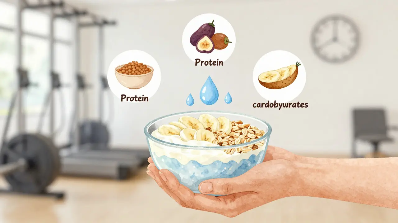 Osoba drží smoothie bowl s jogurtem a banánem, kolem ní plavou ikony výživových látek.