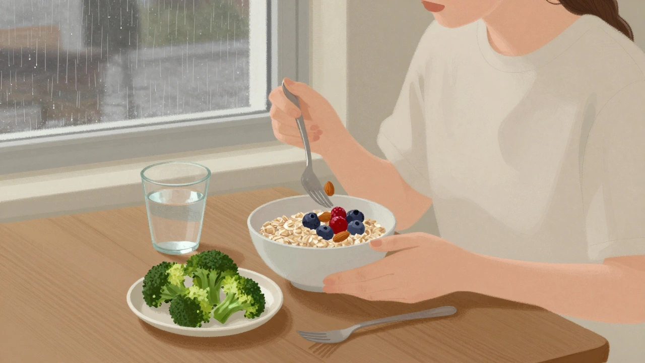 Osoba jedí ovesnou kaši s bobulemi a brokolici u okna v dešti.