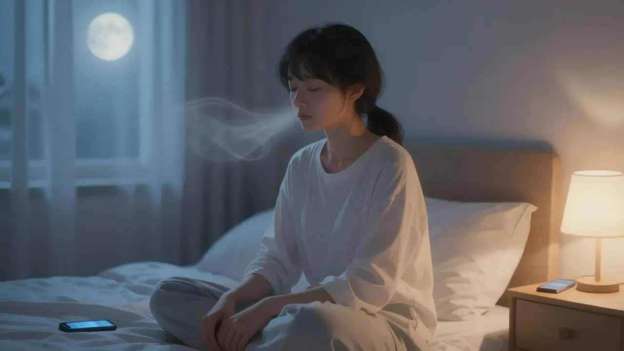 Osoba medituje v ložnici před spaním s vypnutým telefonem.