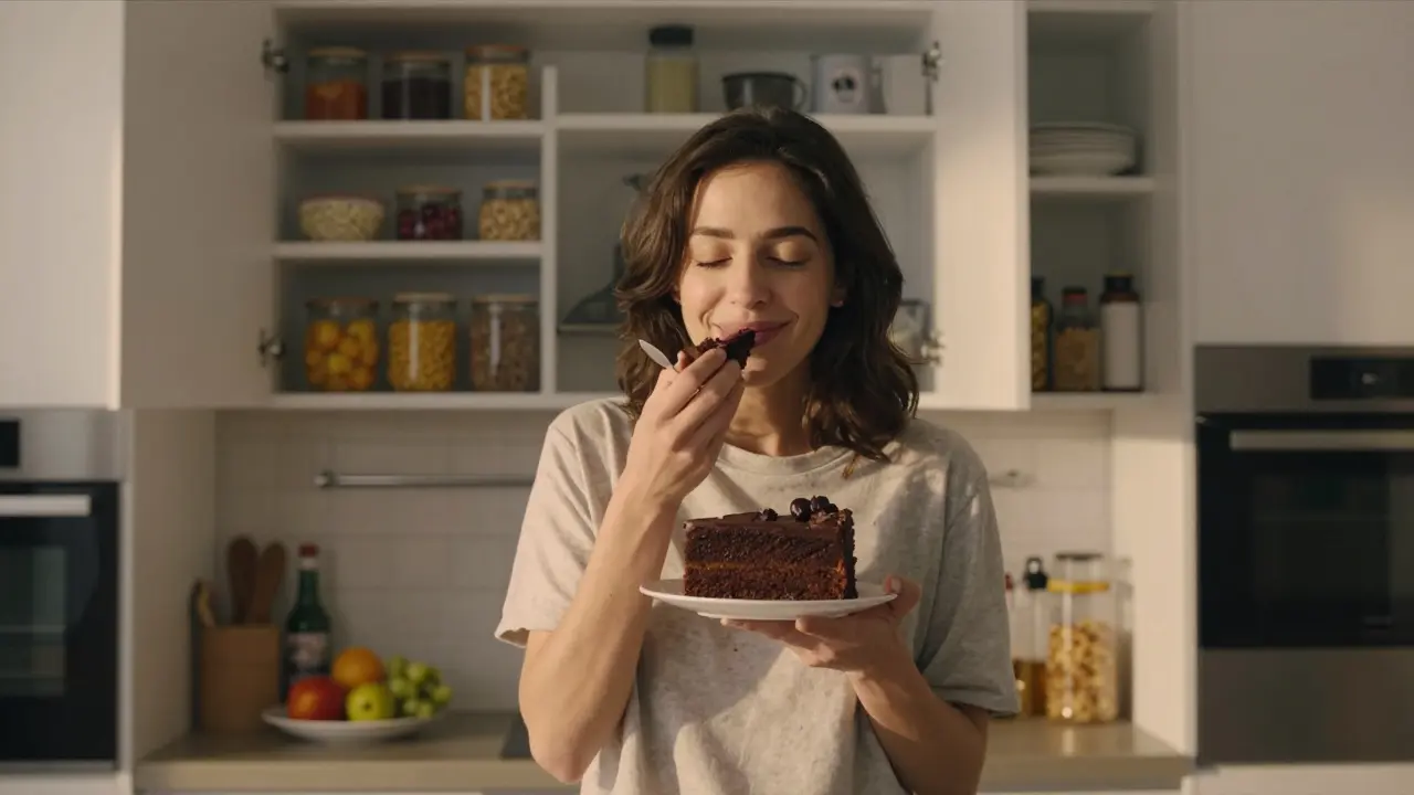 Osoba si chutná na čokoládový koláč s radostí a bez viny.