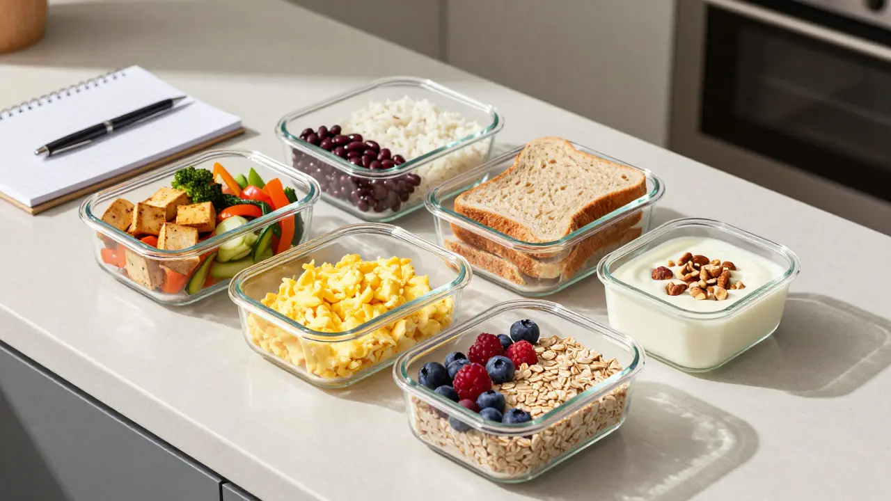 Pět kontejnerů s připravenými jídly na týden uspořádaných na kuchyňském stole.