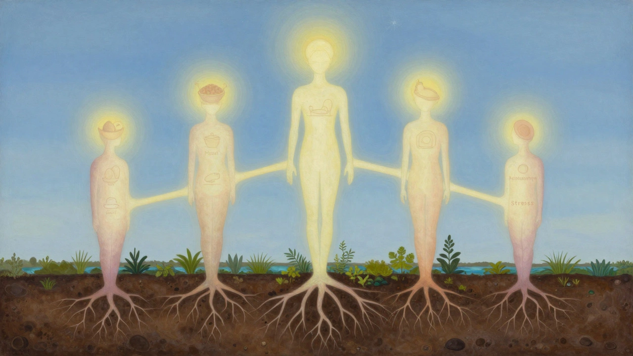 Pět sloupů symbolizujících základy zdraví vystupuje z lidské postavy, propojených s přírodou a klidem.