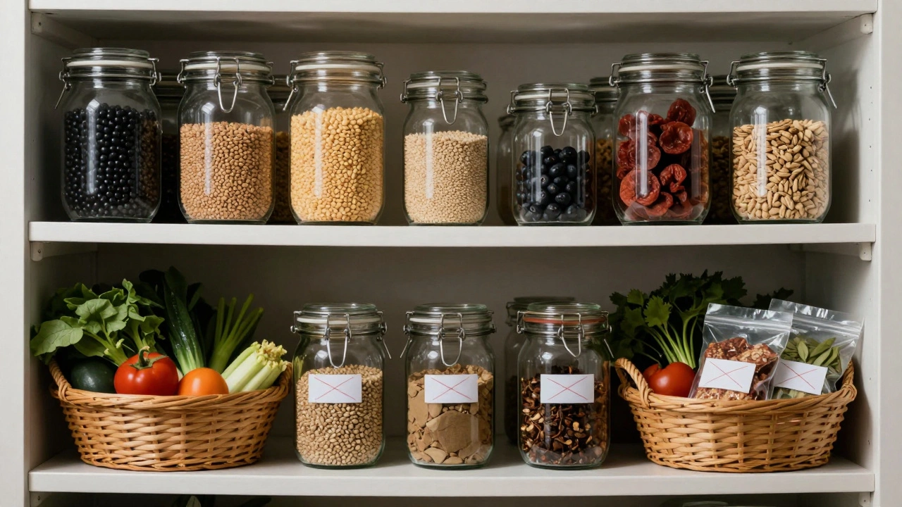 Policová náplň s luštěninami, obilovinami a čerstvou zeleninou, balené potraviny přeškrtnuté.