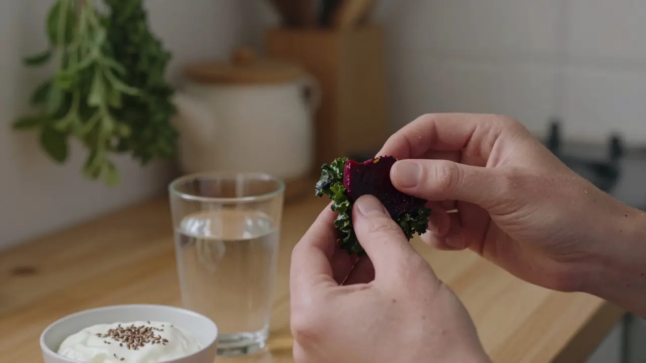 Pomalu žvýká jídlo s čerstvou zeleninou a vodou vedle sebe.