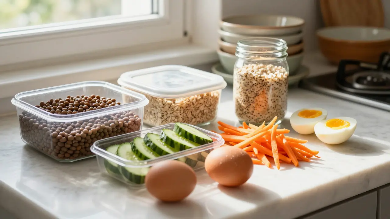 Připravené jídlo na týden v nádobách: čočka, mrkev, okurky, vajíčka a ovesné vločky.