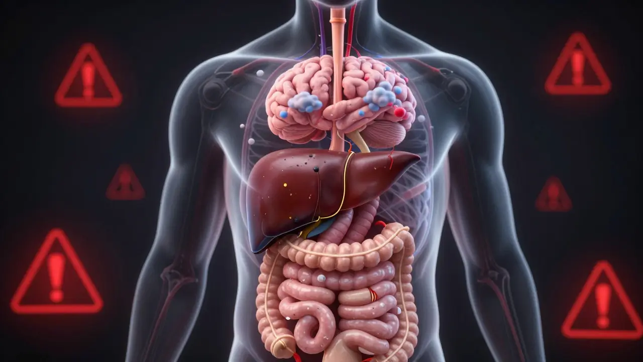 Průřez lidského těla ukazující poškození jater, cév a mozku z nezdravého stylu života.