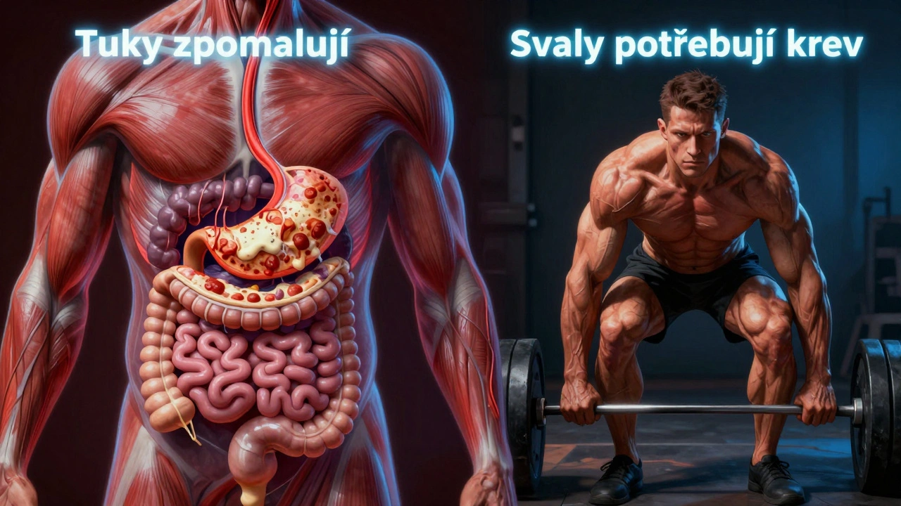 Průřez tělem ukazující konflikt mezi trávením těžkého jídla a svalovou aktivitou.