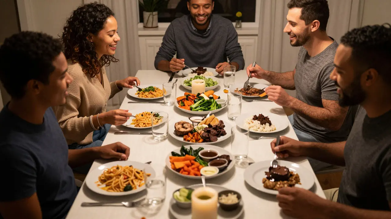 Rodina a přátelé společně večeří s různými jídly, bez omezení.