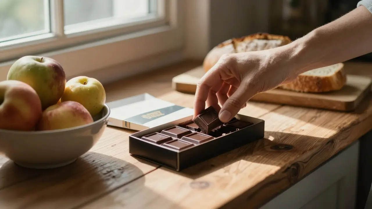 Ruka bere čokoládu vedle ovoce a chleba, klidná scéna bez viny.
