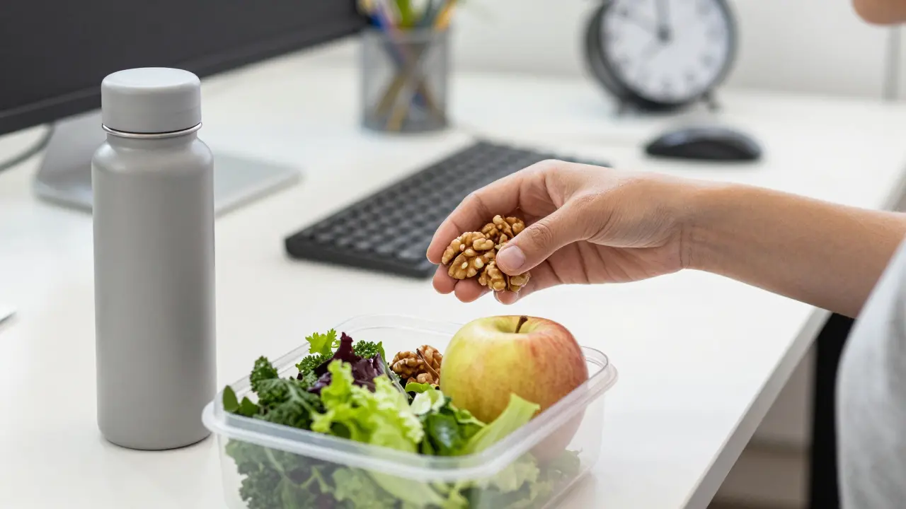 Ruka klade ořechy a jablko do obědové krabičky s láhvičkou vody.