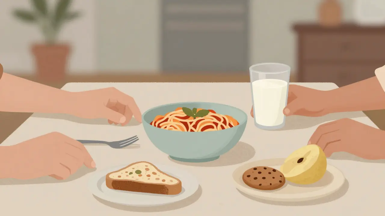 Různé ruce se dotýkají různých jídel na společném stole, symbolizující přijetí jídla bez omezení.