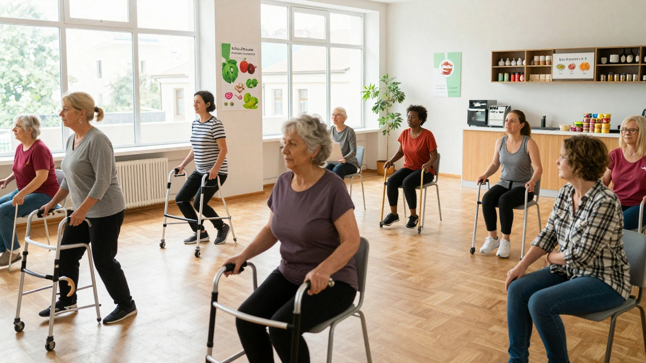 Skupina pacientů s chronickými nemocemi cvičí společně v komunitním centru v Brně.