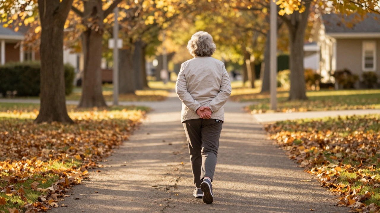 Starší žena prochází po cestě po obědě, obklopená listím a slunečním světlem.