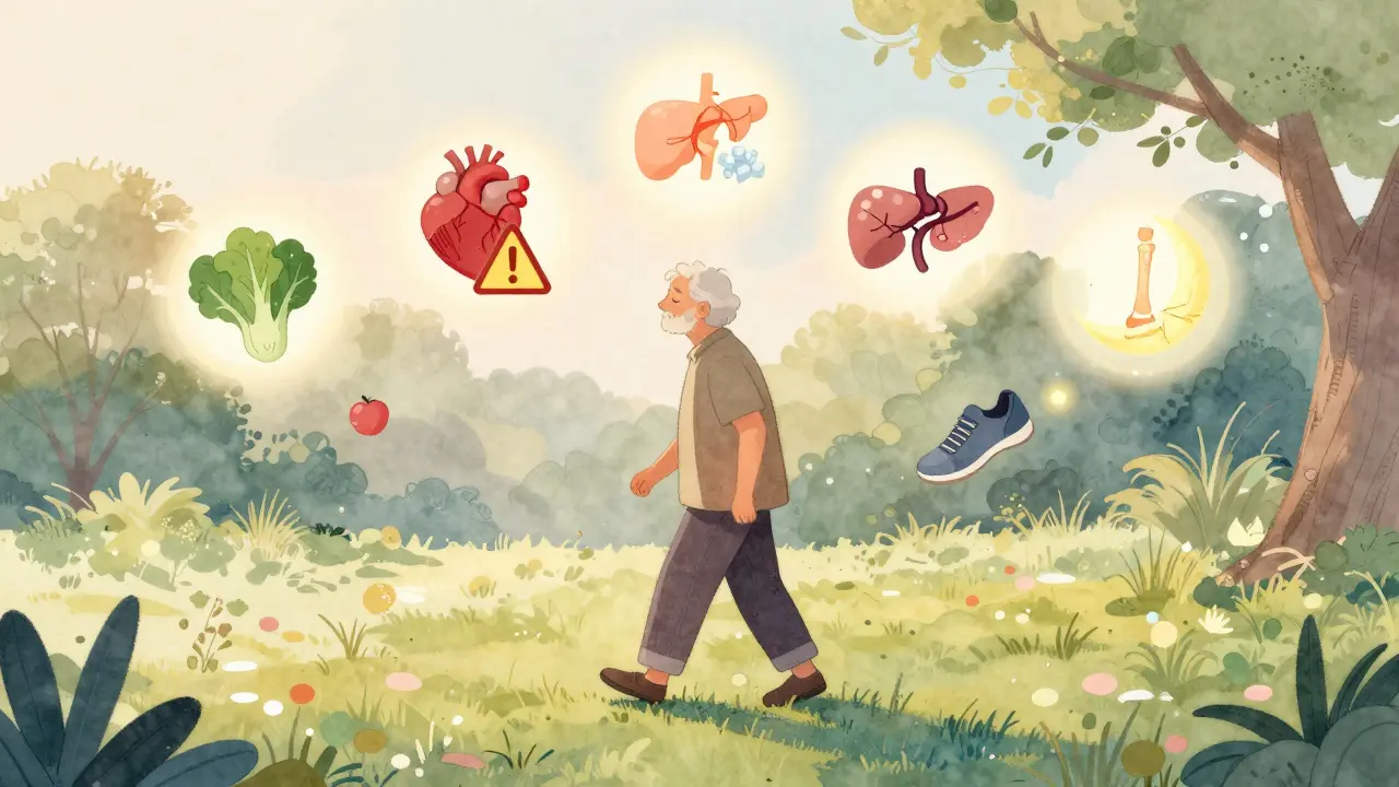 Starý muž kráčí v parku, kolem něj symboly chronických nemocí a zdravého životního stylu.