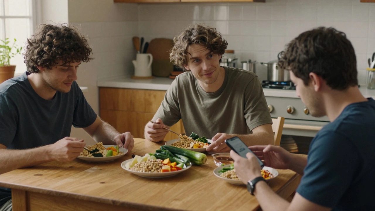 Tři lidé spolu jídí zeleninu v kuchyni, bez telefonů, s přátelským pohledem.