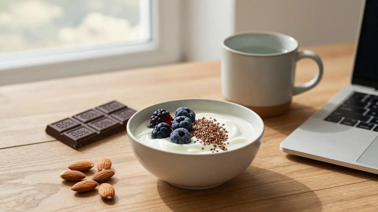 Zdravá snídaně na dřevěném stole: jogurt s bobulemi, ořechy, čokoláda a sklenice vody, žádné telefonní zařízení.