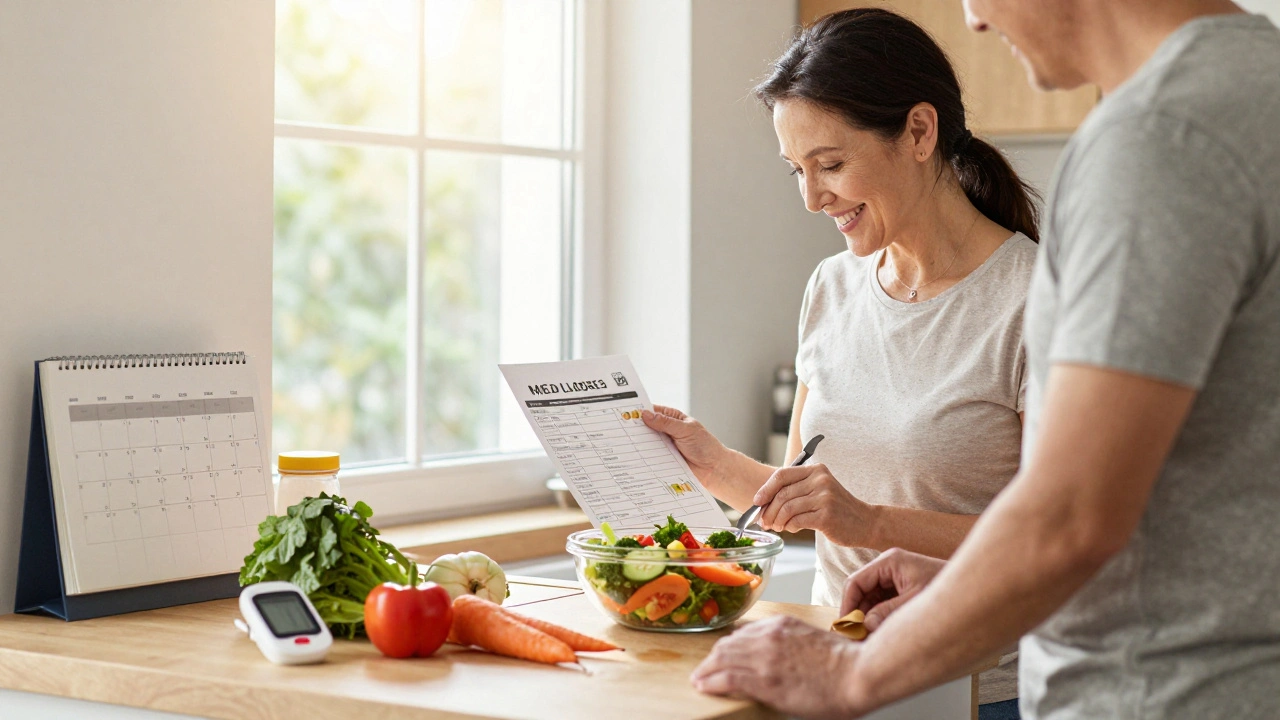 Žena s diabetem připravuje zdravé jídlo v kuchyni s monitorováním cukru.